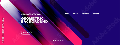 Vibrant abstract design features geometric shapes, gradients. Website header includes navigation options, call to action button.