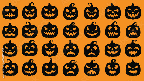 Large grid of black jack-o-lantern silhouettes with various scary expressions is displayed against a solid orange background.