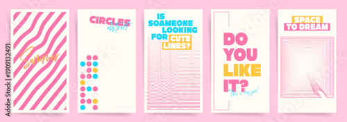 Abstract Poster Collection, Modern Minimal Pink Vertical Backgrounds, Retro Graphic Templates with Stripes, Circles and Clean Typography