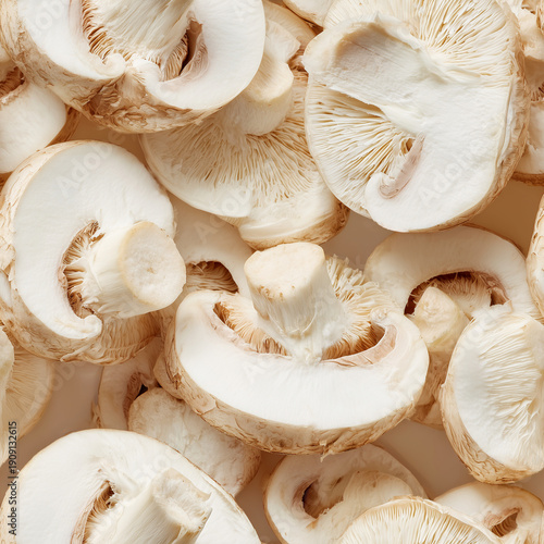 Seamless tiling photorealistic pattern of sliced white mushrooms for infinite backgrounds or textures