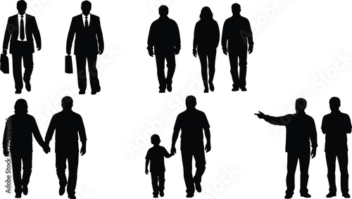 Silhouette people walking, standing, business briefcase, family holding hands, casual poses, teamwork concept, lifestyle illustration, vector design, stock art bundle
