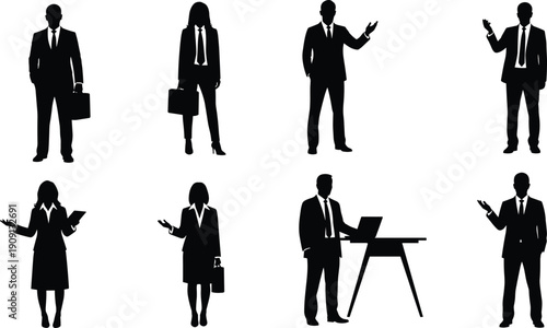 Business silhouettes, professional people, office teamwork, corporate lifestyle, briefcase poses, laptop interaction, standing gestures, vector illustration, design bundle, stock art collection