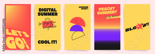 Summer Minimal Poster Set with Bold Color Blocks and Gradient Background. Modern Festival Style Design for Music Event, Social Media, Banner, Cover. Vector