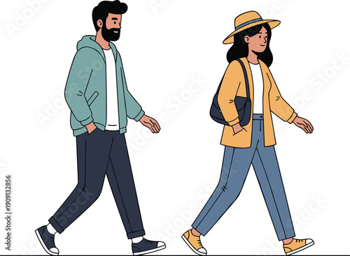 Casual walking illustration, urban fashion, hoodie figure, wide brim hat, shoulder bag, lifestyle vector, everyday people, design bundle, stock art, street style