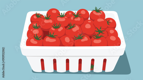 White plastic crate is filled to the brim with ripe red cherry tomatoes ready for a fresh salad or cooking.