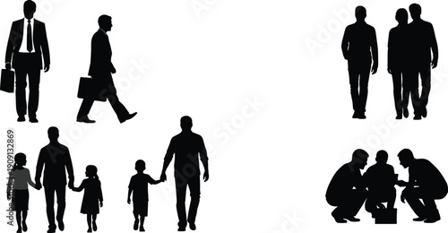 Silhouette people walking, business briefcase, family holding hands, casual group, teamwork collaboration, children interaction, lifestyle vector, outdoor activity, design bundle, stock art