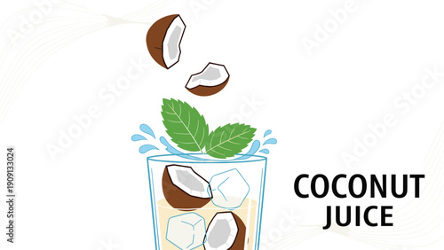 Tall glass of chilled coconut juice with ice cubes and mint leaves is shown with falling coconut pieces and splashing water.