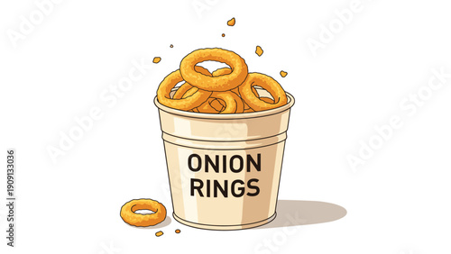 Large white bucket is overflowing with crispy golden brown fried onion rings against a clean minimalist background.