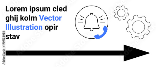 Communication tools, notifications, workflow optimization, customer support, process management, business operations. Bell icon, phone receiver gears arrow. Communication tools and notifications