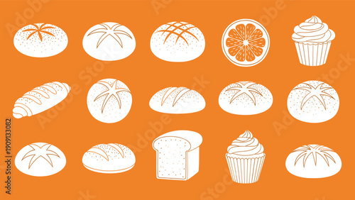 White silhouette icons of various bakery products like bread loaves and cupcakes are displayed on a warm orange background.