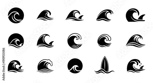 Set of wave icons, ocean and sea symbols