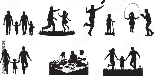 Family Silhouettes Engaged in Outdoor Activities and Picnics, Isolated on white background