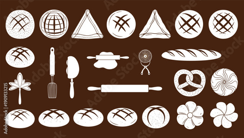 Comprehensive collection of white bakery silhouettes featuring different types of bread rolls tools like rolling pins and a pretzel on brown.