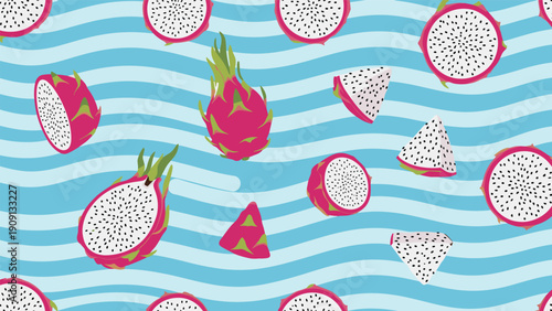 Vibrant seamless pattern showcasing whole and sliced dragon fruit against a playful blue wavy background suitable for summer themed designs.