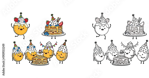 Cute kawaii pancake characters celebrating birthday party with fruits, vector illustration coloring page.