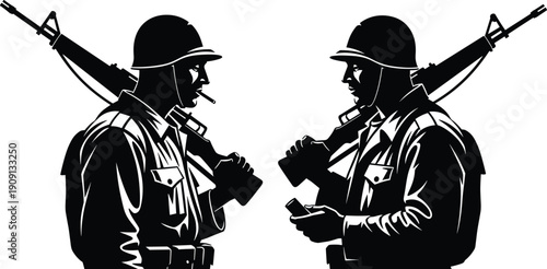 Black and White Soldier Silhouette Stencil Art Featuring Two Armed Military Infantry Men in Vintage Uniforms with Rifles for War History and Combat Design (25 words)