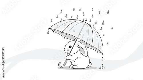 Adorable white bunny sitting under a large transparent umbrella to stay dry during a gentle rainfall on a grey and white background.
