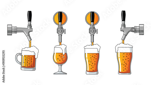 Sequential illustration of beer being poured from a tap into various styles of glasses with frothy heads and golden liquid.