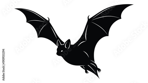 A silhouette of a bat with its wings spread wide open in mid-flight isolated on white background, Vector