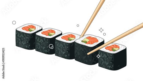Row of five fresh sushi rolls featuring salmon and avocado with a pair of wooden chopsticks picking up one piece.
