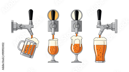 Comparative illustration of four different glass types being filled with draft beer from a tap showing varied foam levels.