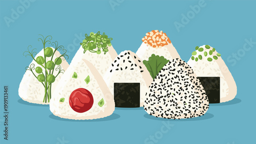 Cluster of assorted japanese onigiri rice balls decorated with various colorful toppings and ingredients such as herbs and sesame seeds.