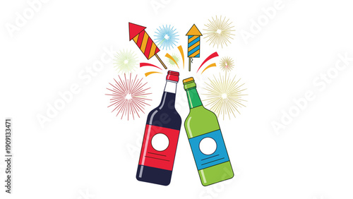 Festive celebration featuring two bottles clinking together with vibrant fireworks and rockets bursting in the background.