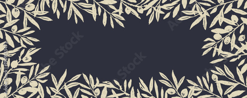 Banner with a frame of olive branches and leaves. Black background in Mediterranean style with textured foliage. Vector illustration