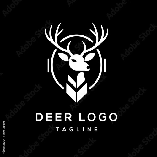 Modern geometric deer head logo vector template in minimal white style on black background for outdoor nature and hunting brands.