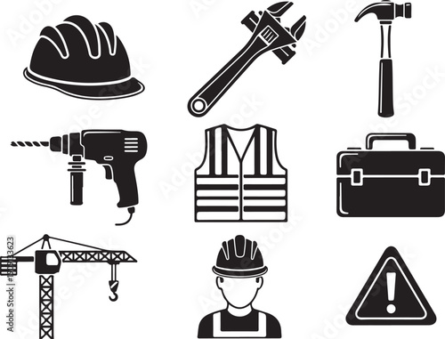 Construction Tools and Safety Icons: Drill, Wrench, Hammer, Vest, Crane, Hard Hat Isolated on white background