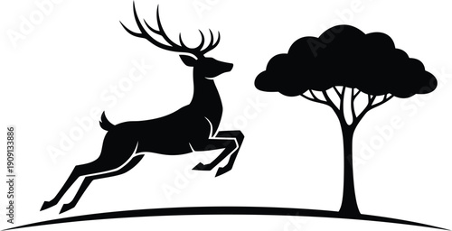 Deer jumping near tree silhouette for wildlife and nature designs, black icon