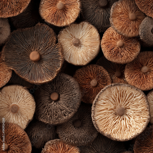 Seamless tiling photorealistic pattern of portobello mushrooms for infinite backgrounds or textures