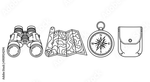 Adventure Gear: Binoculars, Map, Compass, and Pouch - Outdoor Exploration Icons