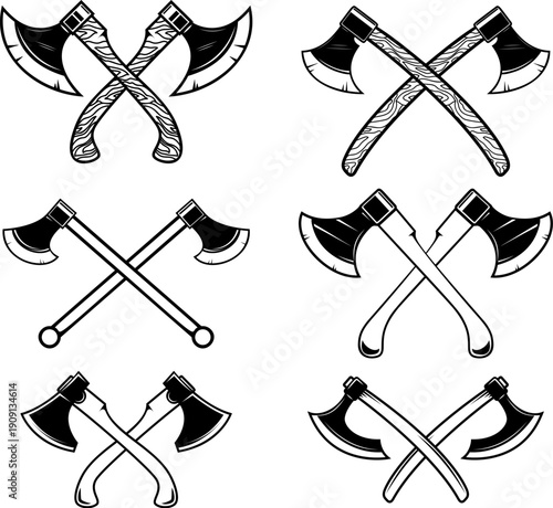 A black and white vector set of crossed axes. This high-contrast collection features various styles including hatchets, battle axes, and tomahawks.