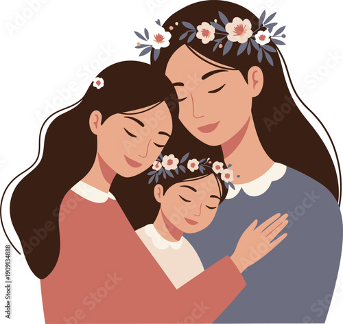 A happy mother holding her baby, son, and daughter in a loving family hug, featuring a silhouette illustration of a woman with her child and a heart vector art card