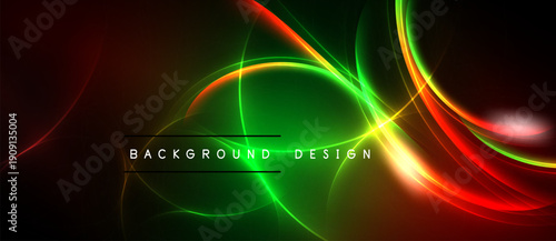 Abstract neon lines create dynamic background. Vibrant green, red hues dominate dark space. Modern design element.