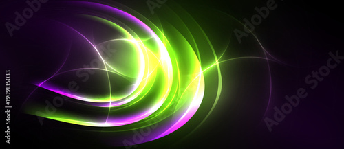 Abstract swirls, vibrant green, purple hues dominate black background. Dynamic lines create flowing energy, modern design.