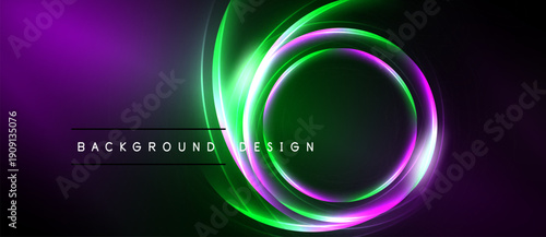Abstract neon circles over dark background. Purple, green hues create dynamic visual effect. Text reads background design.