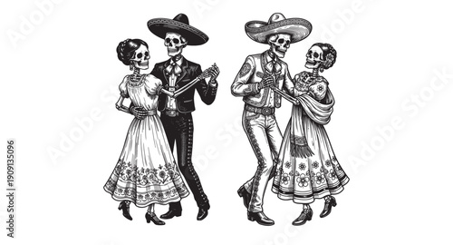 Skeleton man and woman in traditional Mexican clothing dancing for Day of the Dead in a detailed woodcut engraving style.