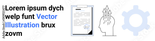Business, innovation, mindset, productivity, creativity, process improvement. Document with text, a head with upward arrows and a gear symbol. Productivity and innovation concepts