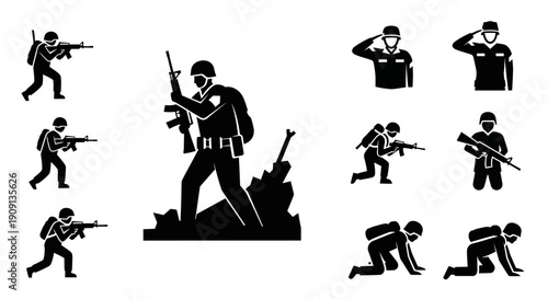 Soldier Silhouette Icons Set, Military Army Concept