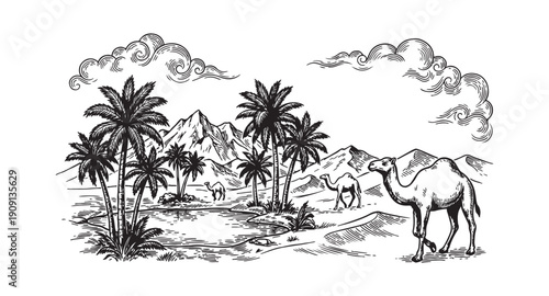 Scenic desert landscape featuring an oasis with palm trees and camels walking near mountains in a vintage engraving style.