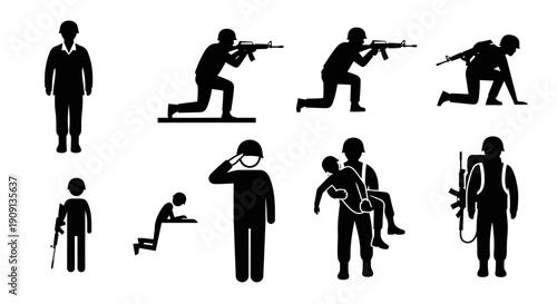 Soldier silhouette icons set, military action poses