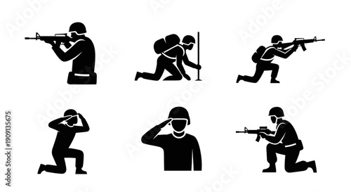 Soldier Silhouette Vector Set: Military Action Poses