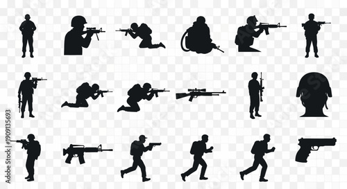 Soldier Silhouettes Set: Military Personnel in Action Poses