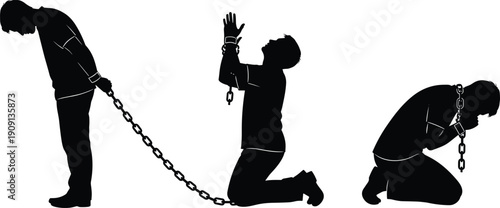 Black Silhouette Vector Of Men Bound By Iron Chains In Poses Of Despair And Prayer Isolated On White Background For Human Rights Concepts.