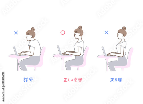 猫背と反り腰と正しい姿勢でパソコンを操作する女性の比較イラストセット