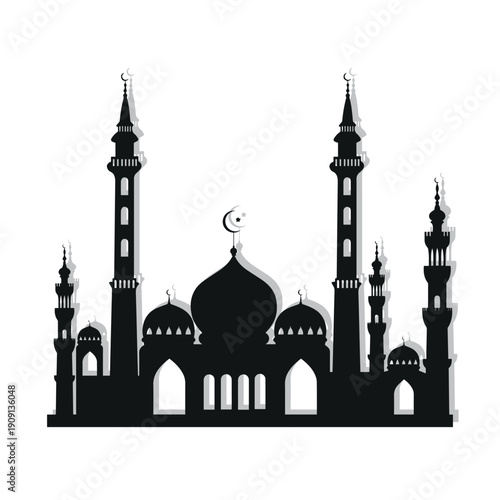 Black silhouette of a majestic mosque with minarets and domes on white background