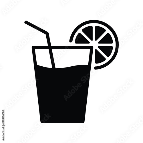 Refreshing drink with lemon slice and straw
