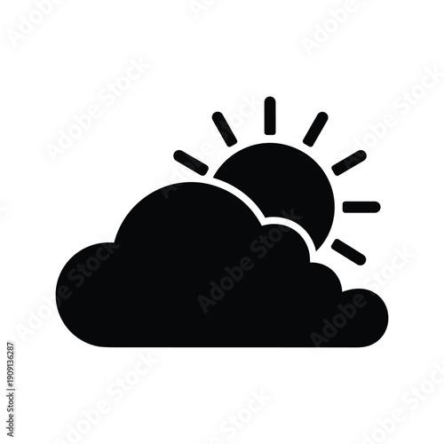 Simple black icon of sun rising behind fluffy cloud